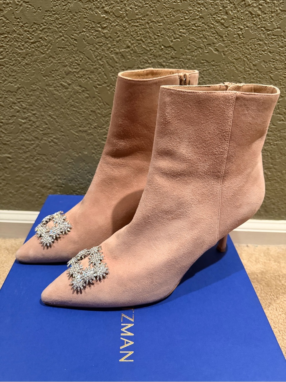 Stuart Weitzman Kera Suede Pointed-Toe Ankle Boots with Crystal Embellishment